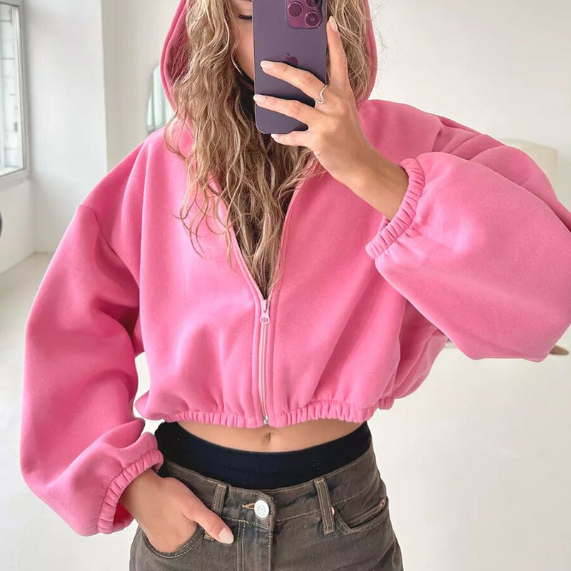 Casual Solid Color Hooded Short Jacket Y2K Fashion Sports Sweatshirt Long Sleeve Zip Up Cardigan Hoodies Women's Clothing - The Number 1 Things