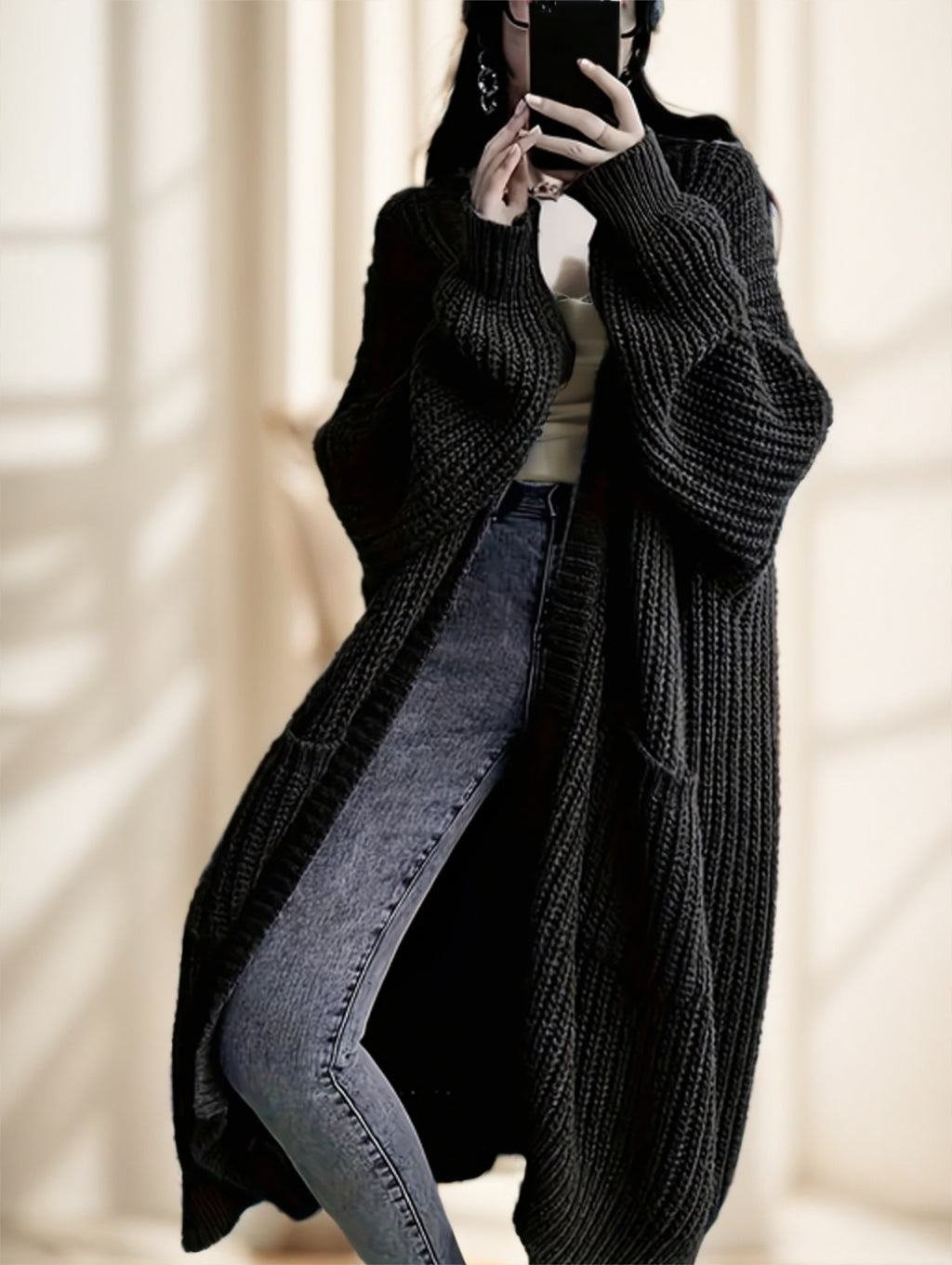 Solid Open Front Cardigan, Casual Long Sleeve Drop Shoulder Long Length Outwear