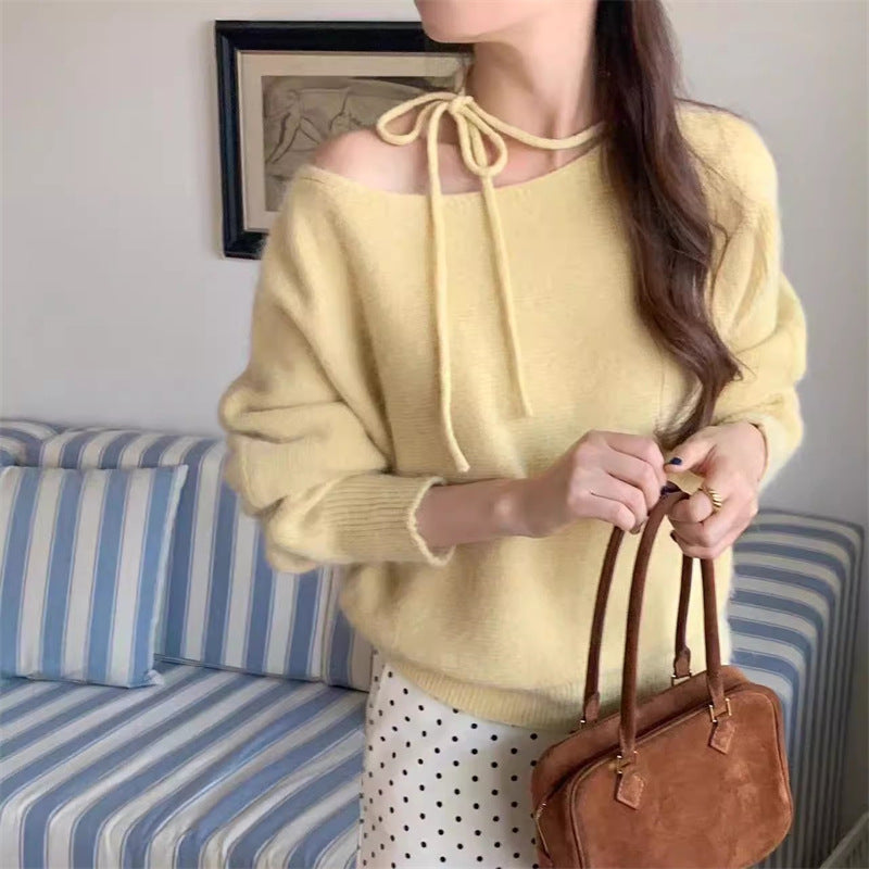 Simple Fashion Design Halter Tied Long Sleeves Sweater