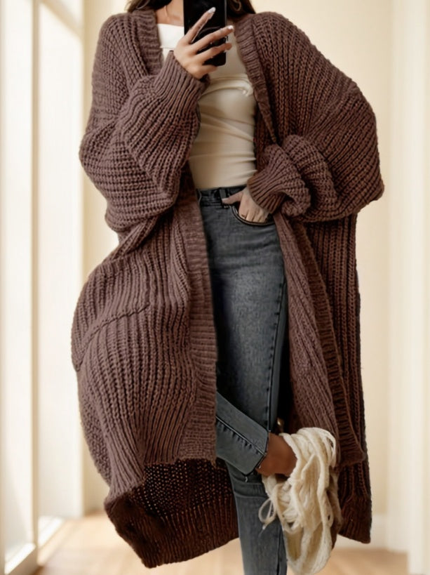 Solid Open Front Cardigan, Casual Long Sleeve Drop Shoulder Long Length Outwear