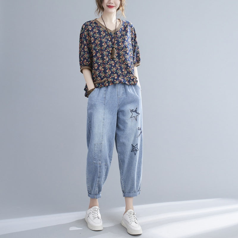Women's Printed V-neck Short-sleeved Blouse - The Number 1 Things