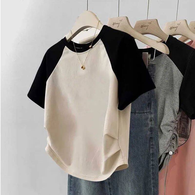 Women's Cotton Stretch Crew Neck Short Sleeve Stitching Top - The Number 1 Things
