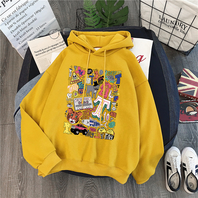 Women's Loose Cartoon Letter Hooded Plus Fleece Sweater - The Number 1 Things