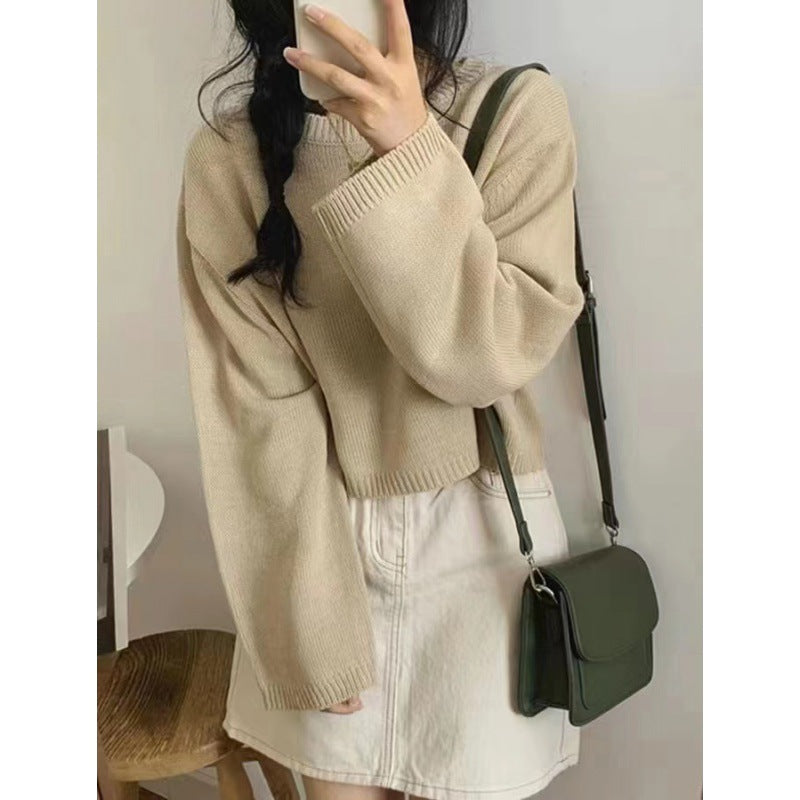 Solid Color Loose Small Short Long Sleeve Round Neck Pullover Sweater