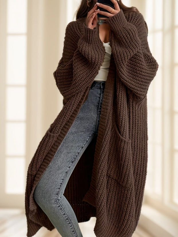Solid Open Front Cardigan, Casual Long Sleeve Drop Shoulder Long Length Outwear