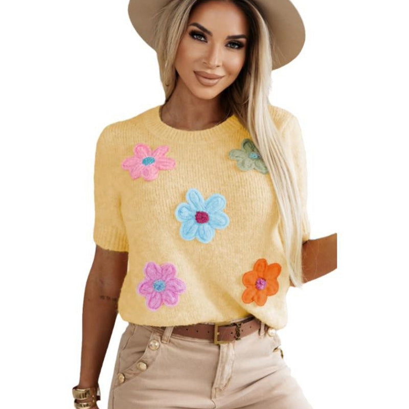 Three-dimensional Flower Decoration Half-sleeve Top European And American Commuters' Knitted - The Number 1 Things