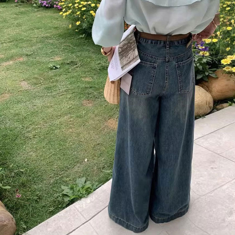 Large Wide-leg Jeans For Women, Loose Pear-shaped Retro Straight Trousers, Covering The Flesh, Versatile Autumn High Waist Mopping Pants