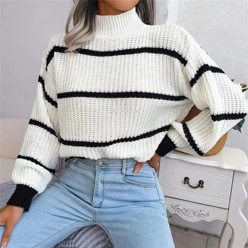 Contrast Color Striped Sweater New Half Turtleneck Pullover Top - The Number 1 Things