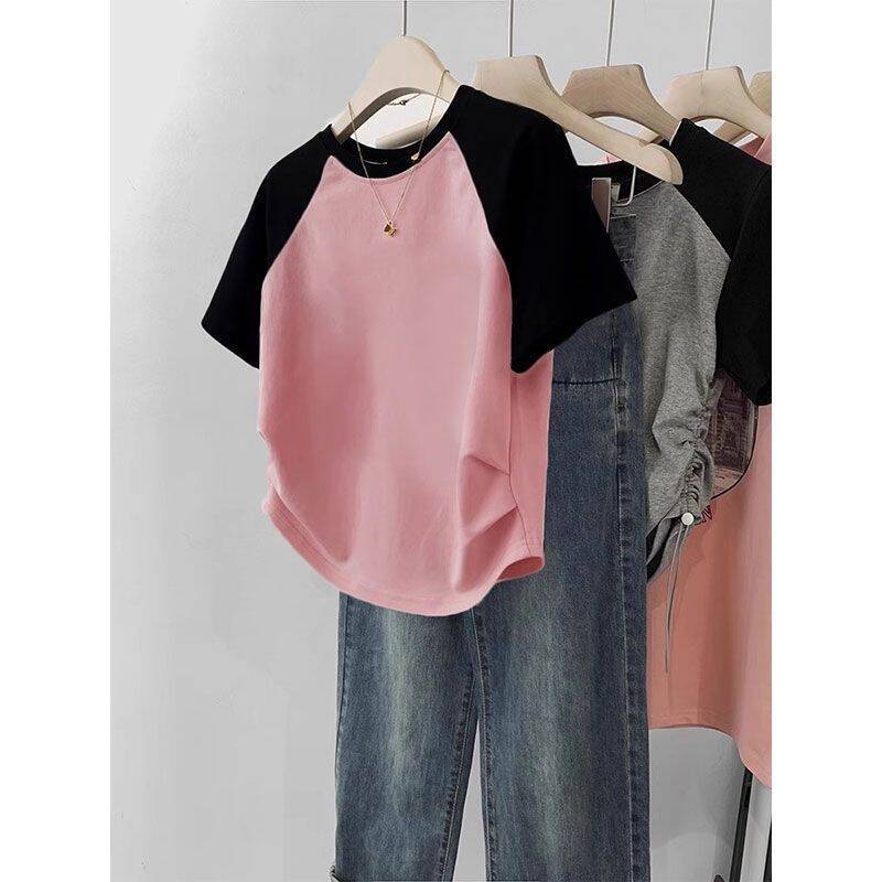 Women's Cotton Stretch Crew Neck Short Sleeve Stitching Top - The Number 1 Things