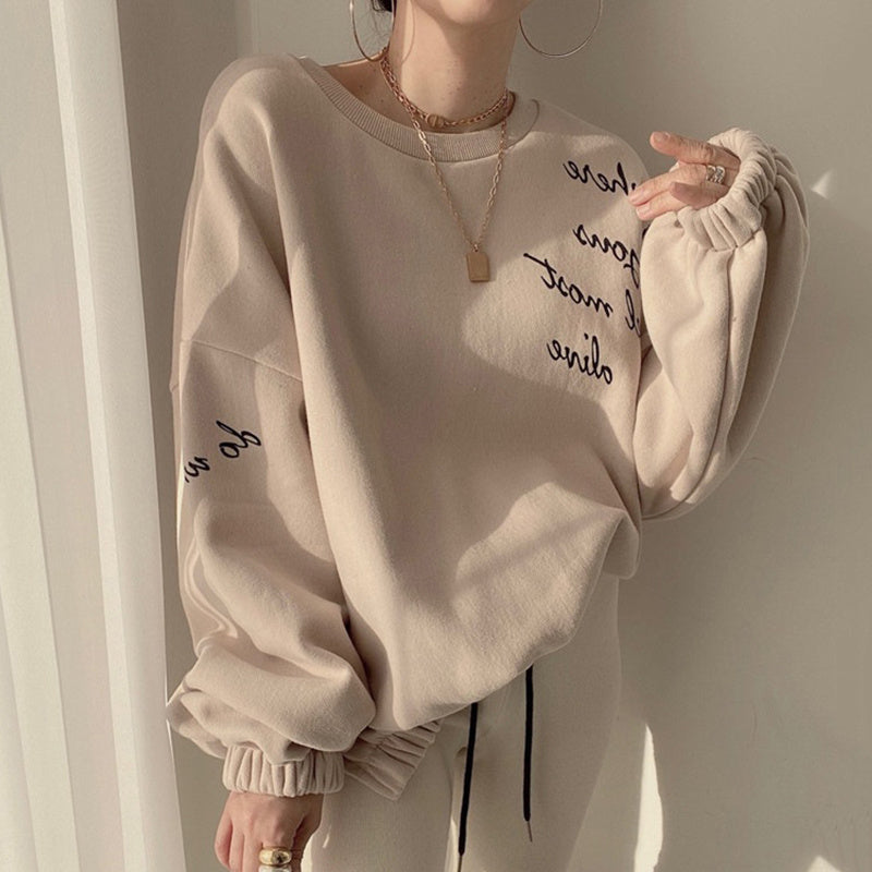 Women's Simple Round Neck Pullover Letter Print Loose Sweater - The Number 1 Things