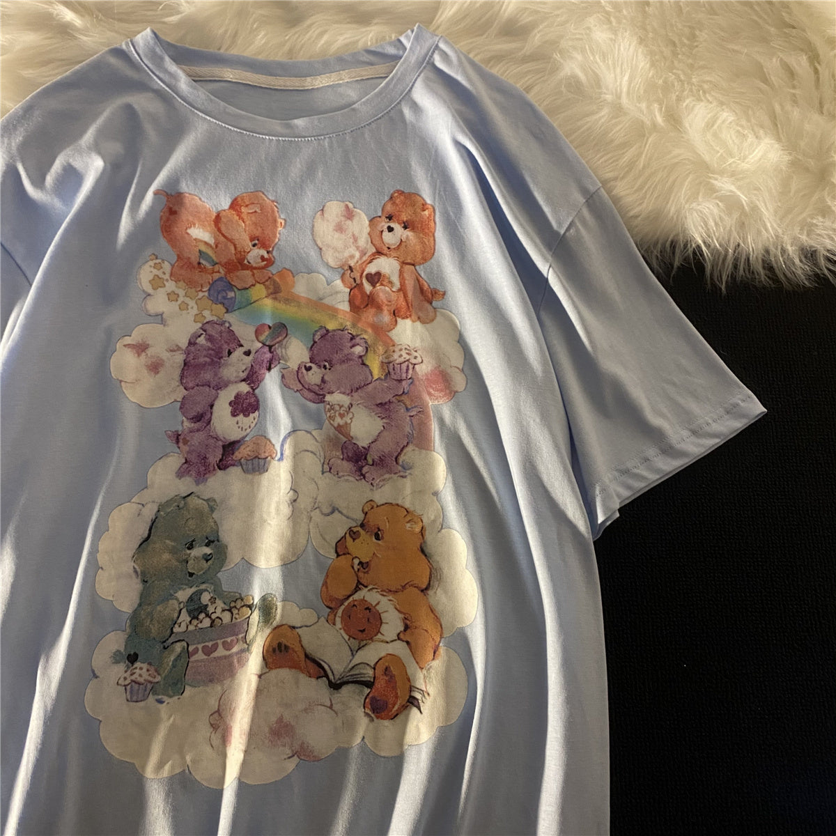 Vintage Girl Japanese Milk Blue Bear Short-sleeved T-shirt Tide Summer Loose Retro Ins Harajuku Style Compassionate Top