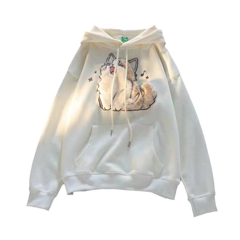 Embroidered Kitten Female Fleece-lined Thickened Hooded Sweatshirt - The Number 1 Things