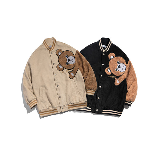 Japanese Retro Bear Flocking Work Jacket