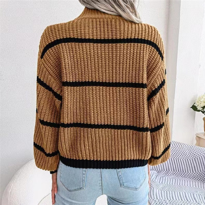 Contrast Color Striped Sweater New Half Turtleneck Pullover Top - The Number 1 Things