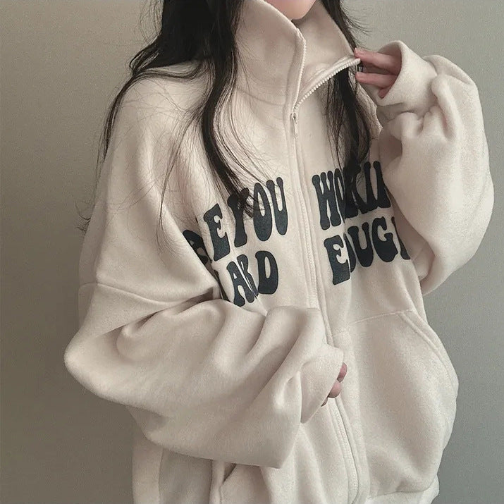 Women's Alphabet Plus Velvet Loose Cardigan Zipper Simple Sweater - The Number 1 Things
