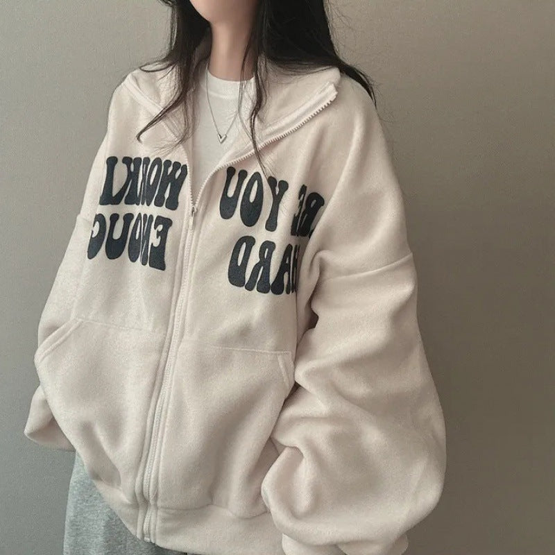 Women's Alphabet Plus Velvet Loose Cardigan Zipper Simple Sweater - The Number 1 Things
