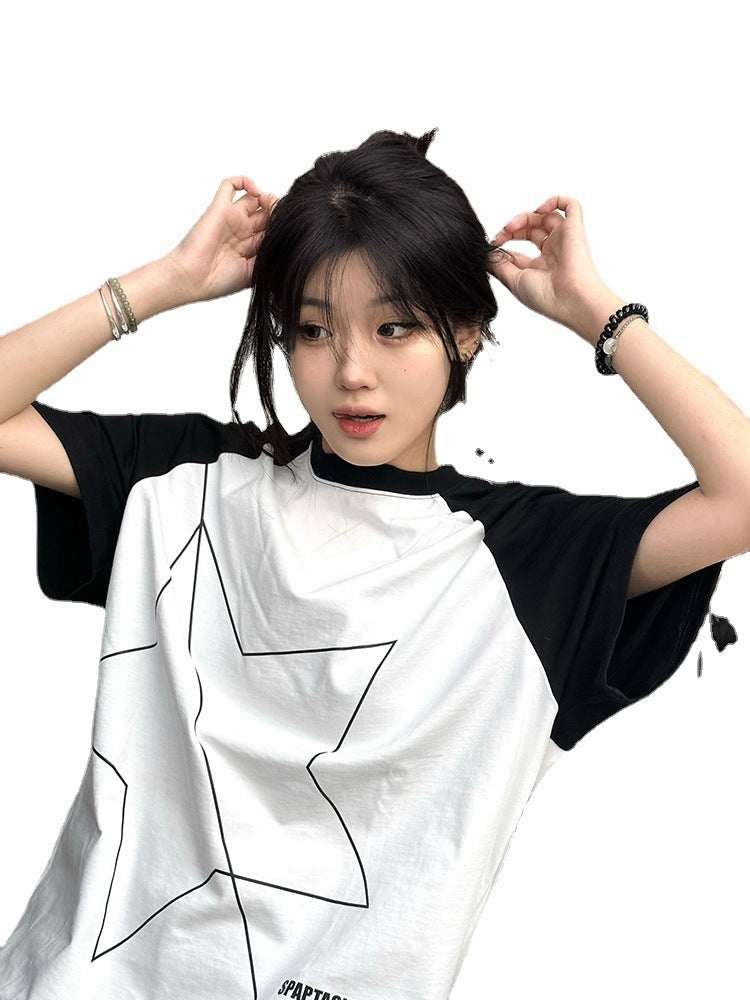 White Raglan Sleeve XINGX Printing Color Contrast Niche Design Top - The Number 1 Things