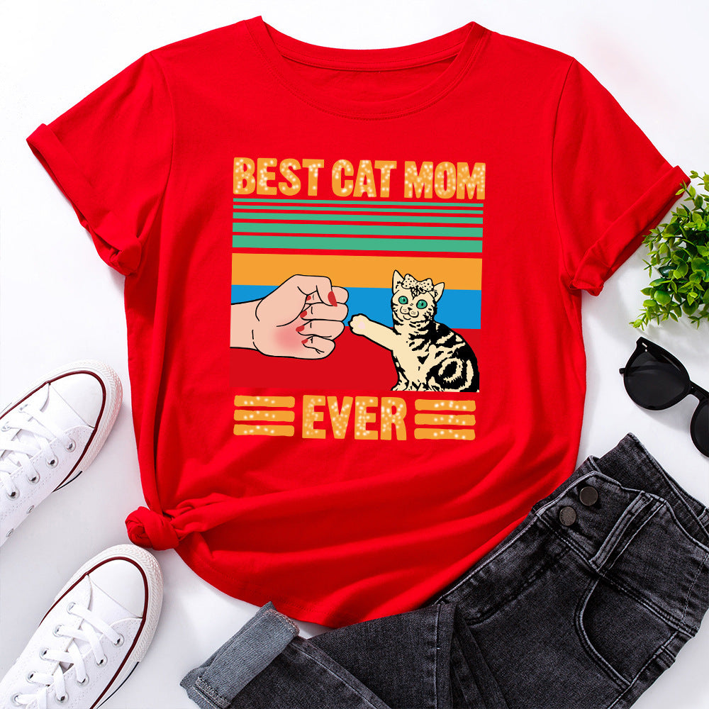 European And American Women's Clothing Creative Kitten Print Loose Round Neck Short Sleeve - The Number 1 Things