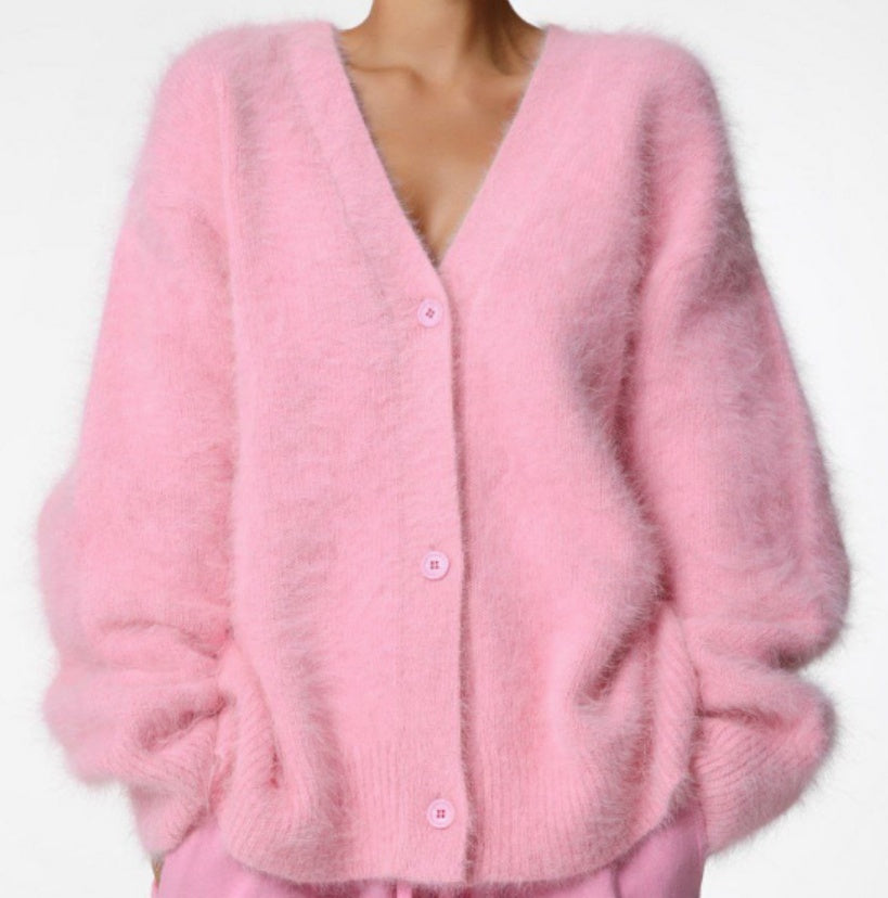 Loose V-Neck Button Cardigan Soft Fur Sweater For Women