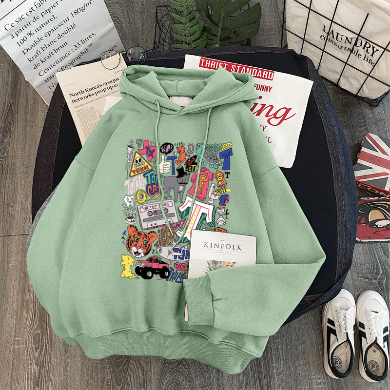 Women's Loose Cartoon Letter Hooded Plus Fleece Sweater - The Number 1 Things