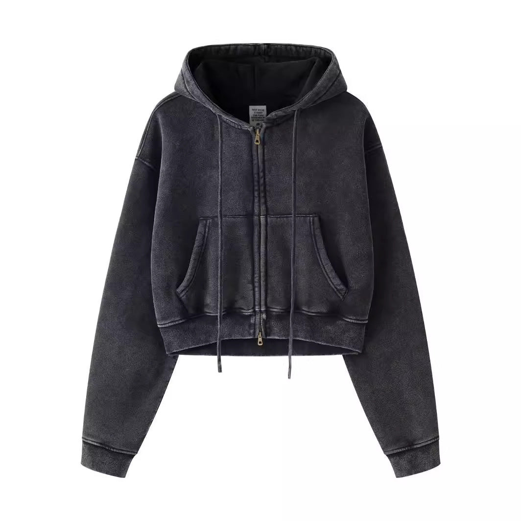 Retro Washed Color Contrast Short Hooded Zip Cardigan Sweater - The Number 1 Things