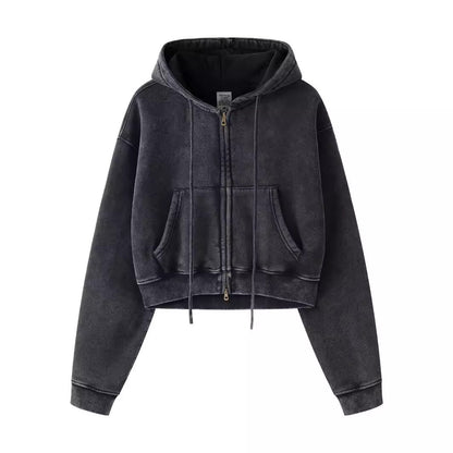 Retro Washed Color Contrast Short Hooded Zip Cardigan Sweater - The Number 1 Things