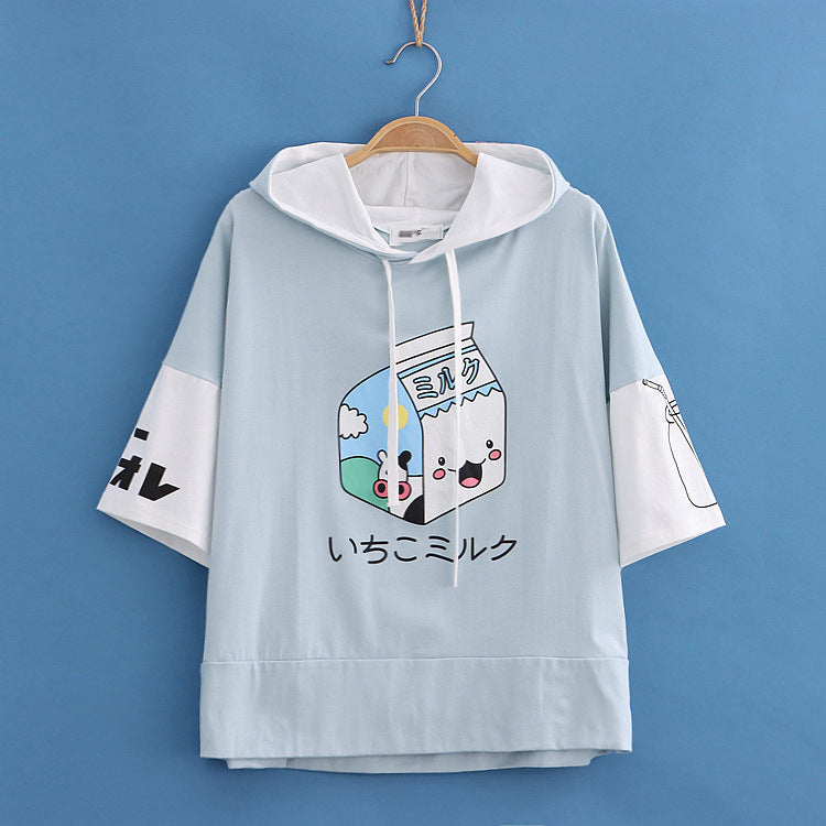 Childlike Sweet Milk Carton Print Hooded Colorblock Short Sleeve Hoodie