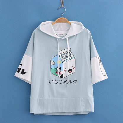 Childlike Sweet Milk Carton Print Hooded Colorblock Short Sleeve Hoodie