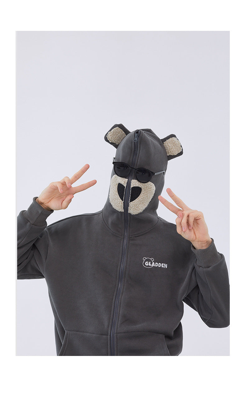 Bear embroidered couple zipper cardigan jacket