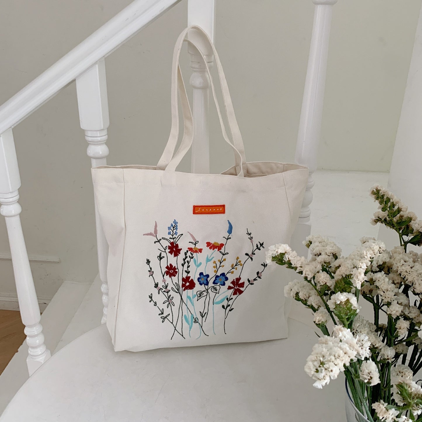 Korean Version Embroidered Flower Canvas Bag Ins Lazy Style Art College Students - The Number 1 Things