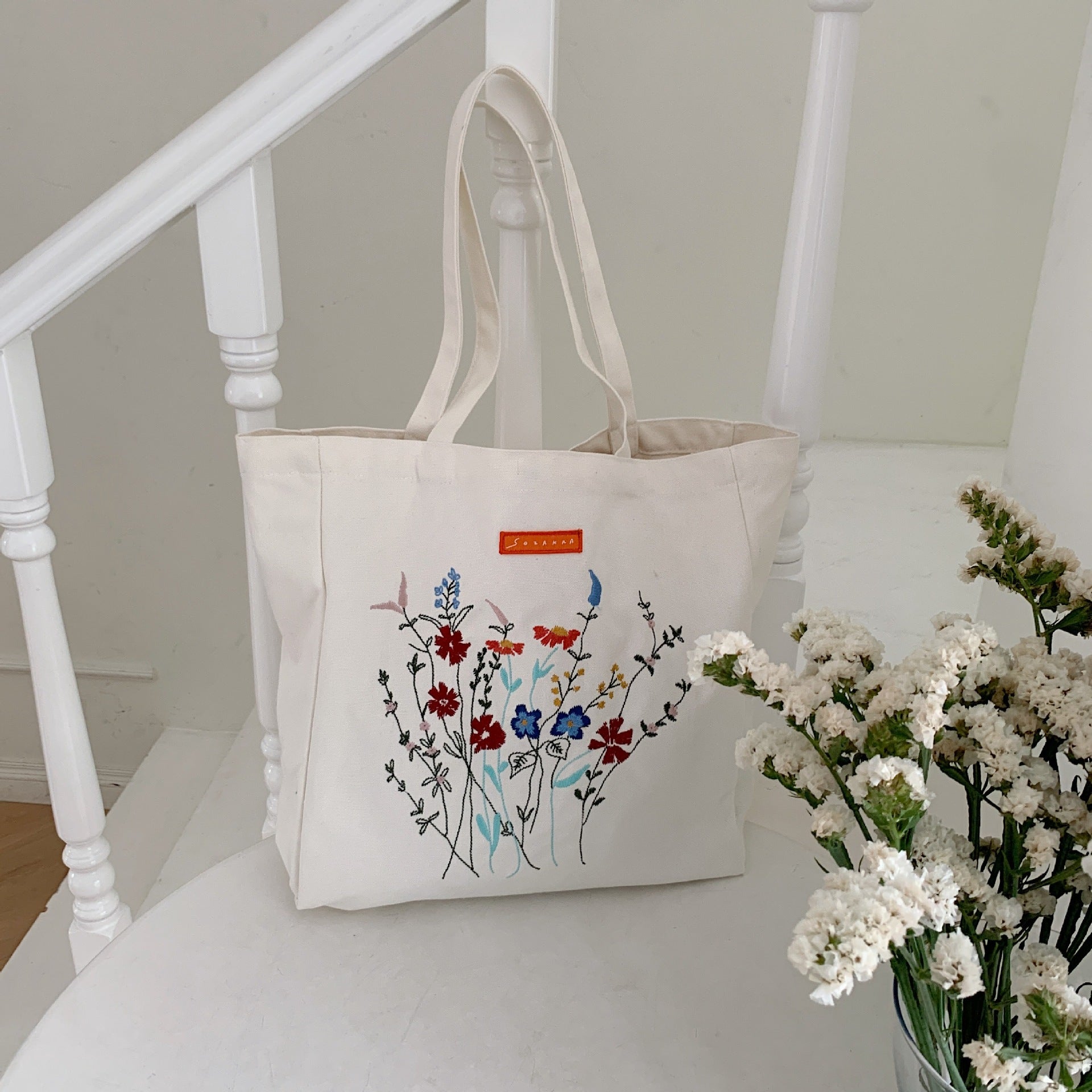 Korean Version Embroidered Flower Canvas Bag Ins Lazy Style Art College Students - The Number 1 Things