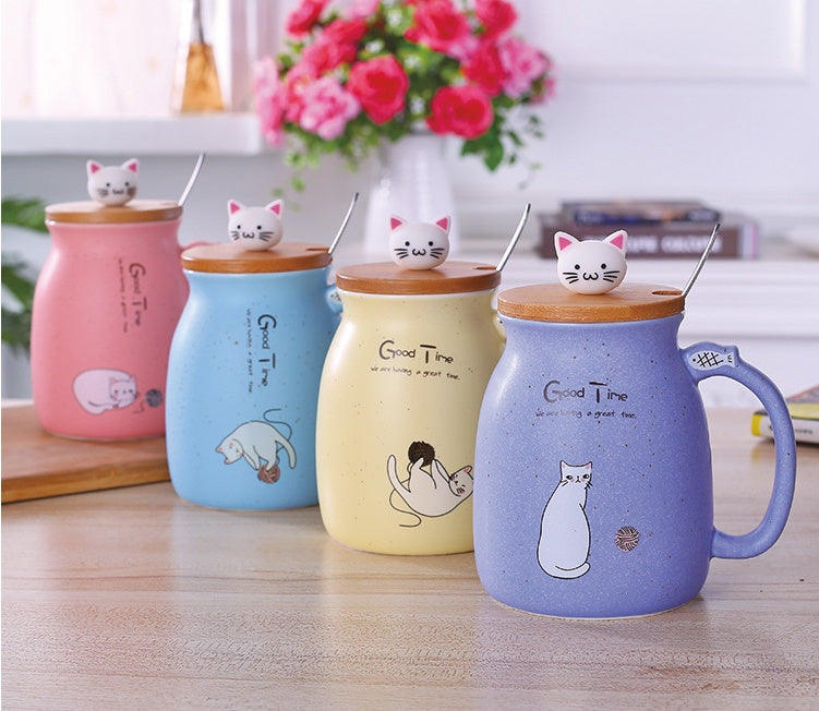450ml Cartoon Ceramics Cat Mug With Lid and Spoon Coffee Milk Tea Mugs Breakfast Cup Drinkware Novelty Gifts - The Number 1 Things