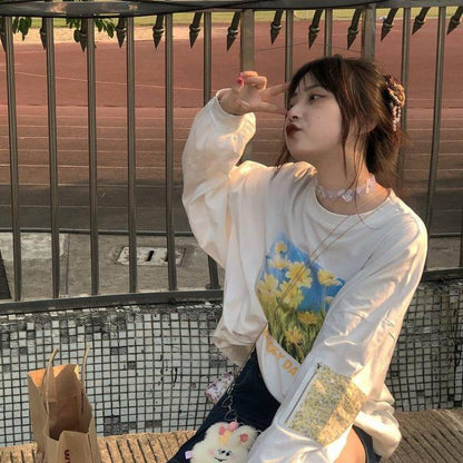 Autumn Japanese Oil Painting Style Sweet Flower Printed Long-sleeved Top - The Number 1 Things