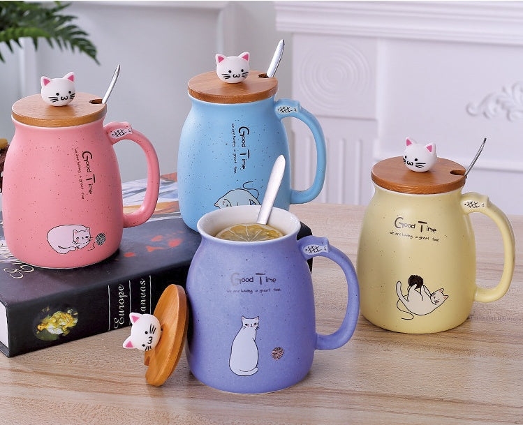 450ml Cartoon Ceramics Cat Mug With Lid and Spoon Coffee Milk Tea Mugs Breakfast Cup Drinkware Novelty Gifts - The Number 1 Things
