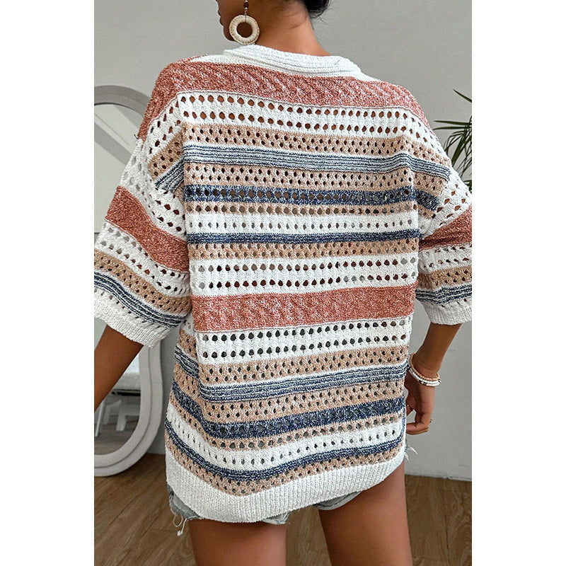 Autumn New Color Matching Hollow Out V-neck Sweater For Women - The Number 1 Things