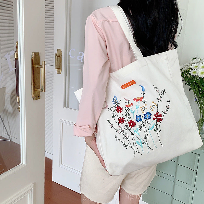 Korean Version Embroidered Flower Canvas Bag Ins Lazy Style Art College Students - The Number 1 Things
