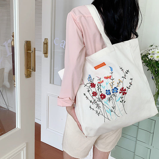 Korean Version Embroidered Flower Canvas Bag Ins Lazy Style Art College Students - The Number 1 Things