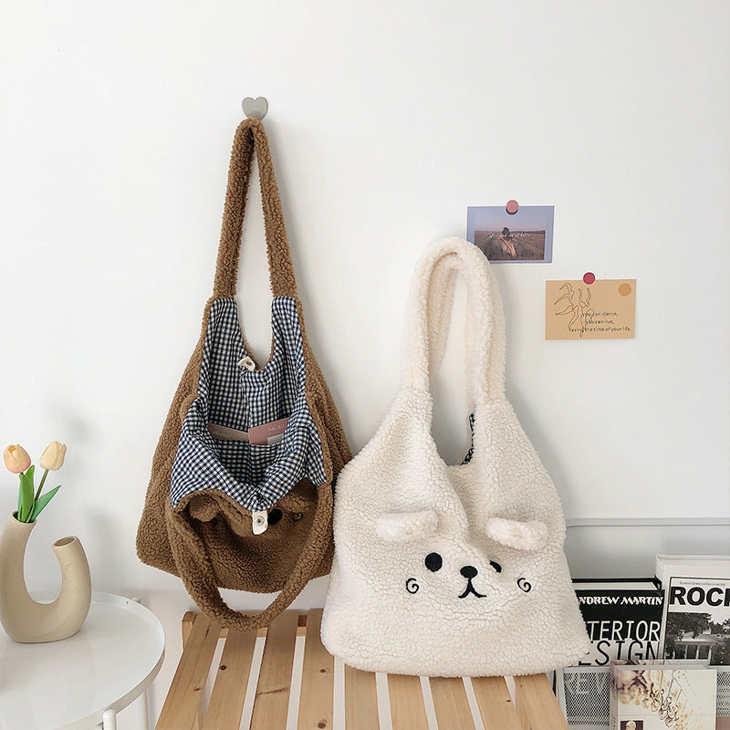 Lamb Wool Large Capacity Plush Embroidery Shopping Bag - The Number 1 Things