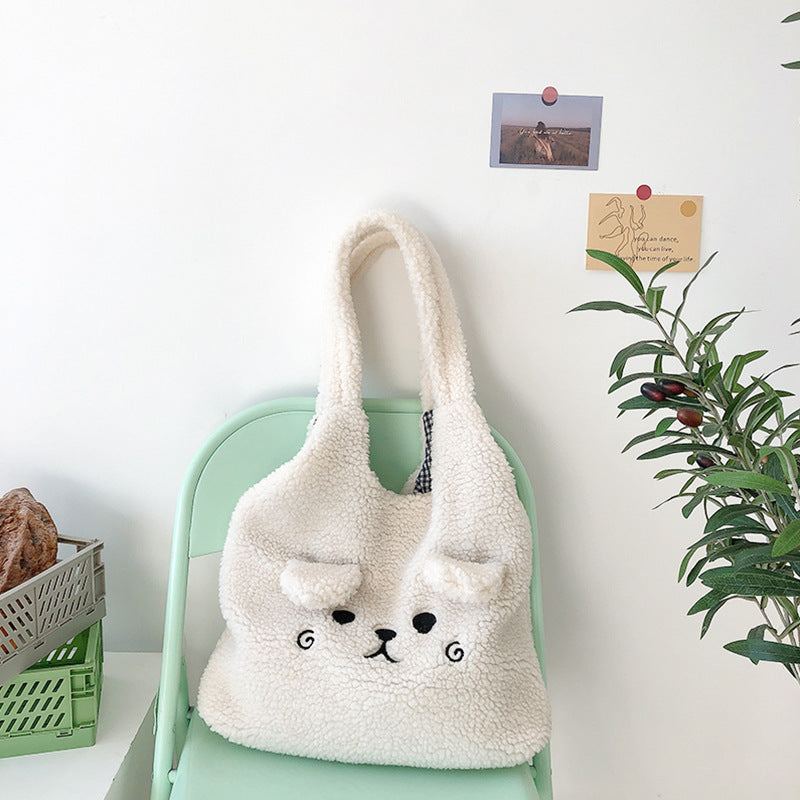 Lamb Wool Large Capacity Plush Embroidery Shopping Bag - The Number 1 Things