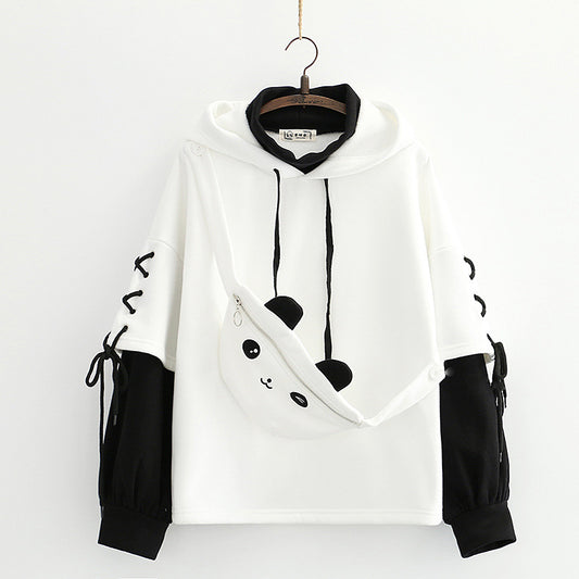 College Wind Panda Fake Two-Piece Plus Fleece Hooded Sweater Women