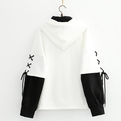 College Wind Panda Fake Two-Piece Plus Fleece Hooded Sweater Women