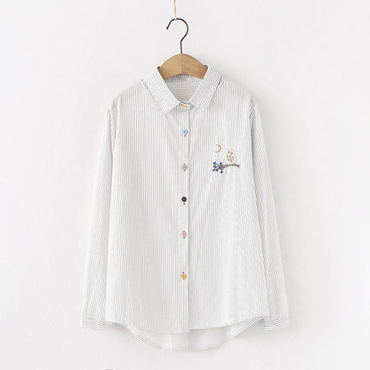 Embroidered Sweet And Versatile White Striped Long-sleeved Jersey - The Number 1 Things
