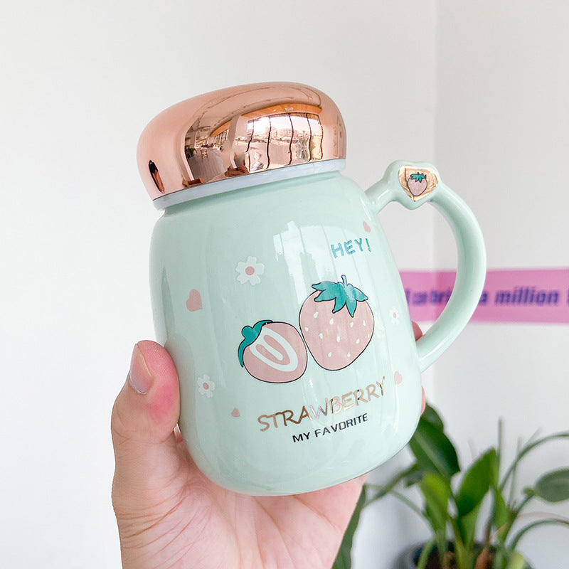 L Korean Cute Strawberry Ceramic Mug Mirror Cover Sealed Cups - The Number 1 Things