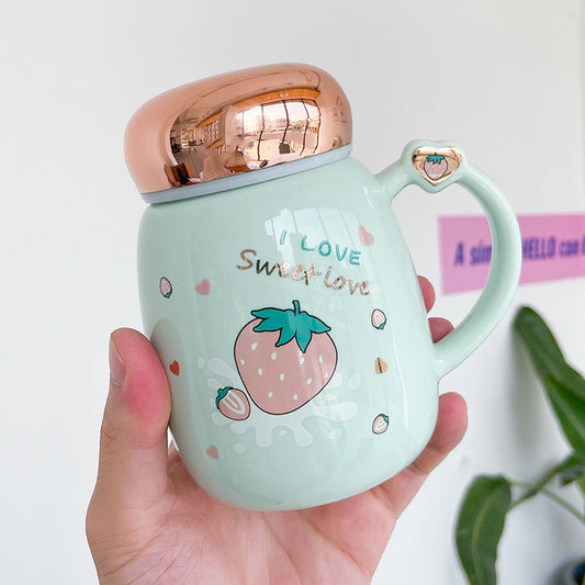 L Korean Cute Strawberry Ceramic Mug Mirror Cover Sealed Cups - The Number 1 Things