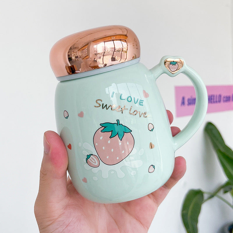 L Korean Cute Strawberry Ceramic Mug Mirror Cover Sealed Cups - The Number 1 Things