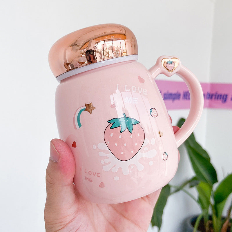 L Korean Cute Strawberry Ceramic Mug Mirror Cover Sealed Cups - The Number 1 Things