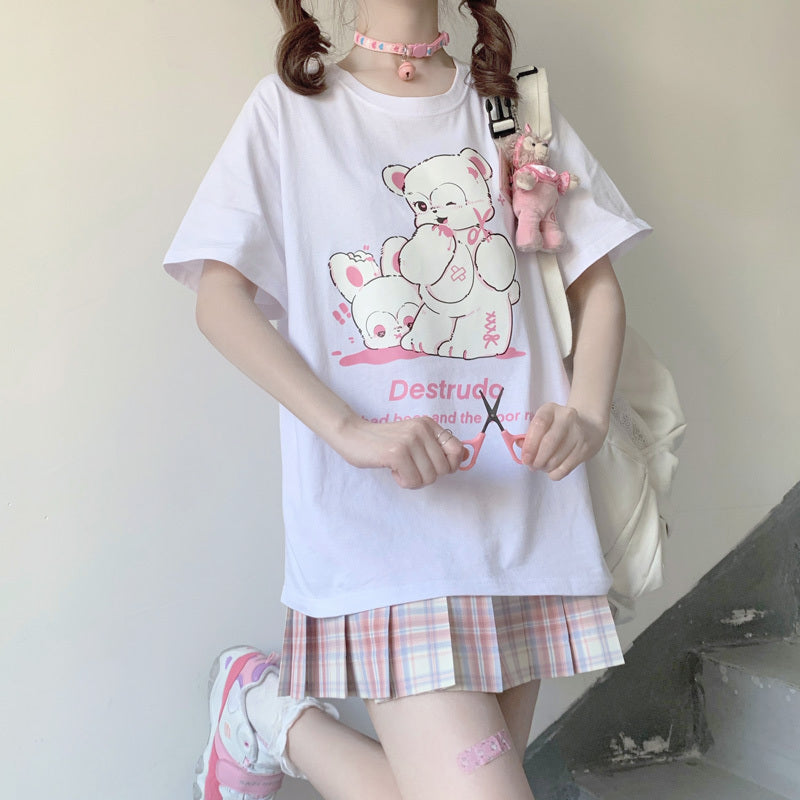 Japanese Original Bad Bear Rabbit Print Summer New Soft Girl Sweet And Loose Cotton Short-Sleeved T-shirt Female Top