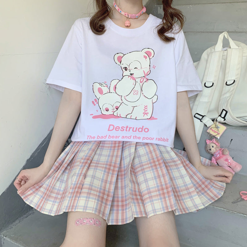 Japanese Original Bad Bear Rabbit Print Summer New Soft Girl Sweet And Loose Cotton Short-Sleeved T-shirt Female Top