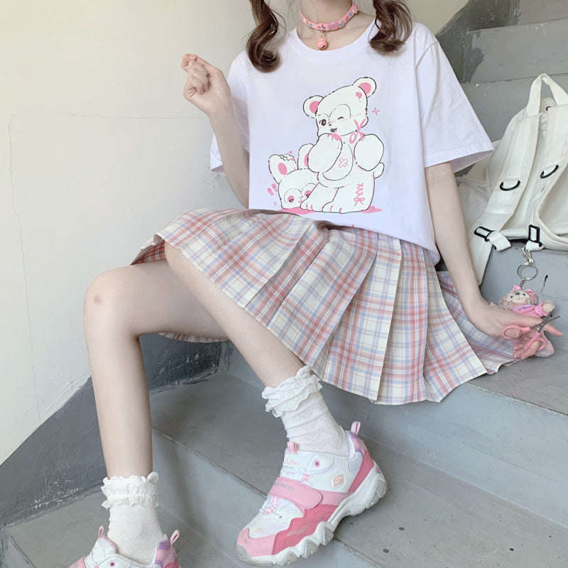 Japanese Original Bad Bear Rabbit Print Summer New Soft Girl Sweet And Loose Cotton Short-Sleeved T-shirt Female Top