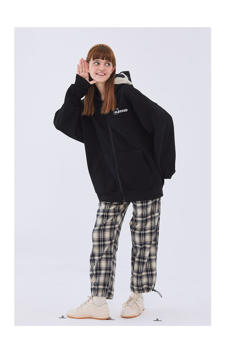 Bear embroidered couple zipper cardigan jacket